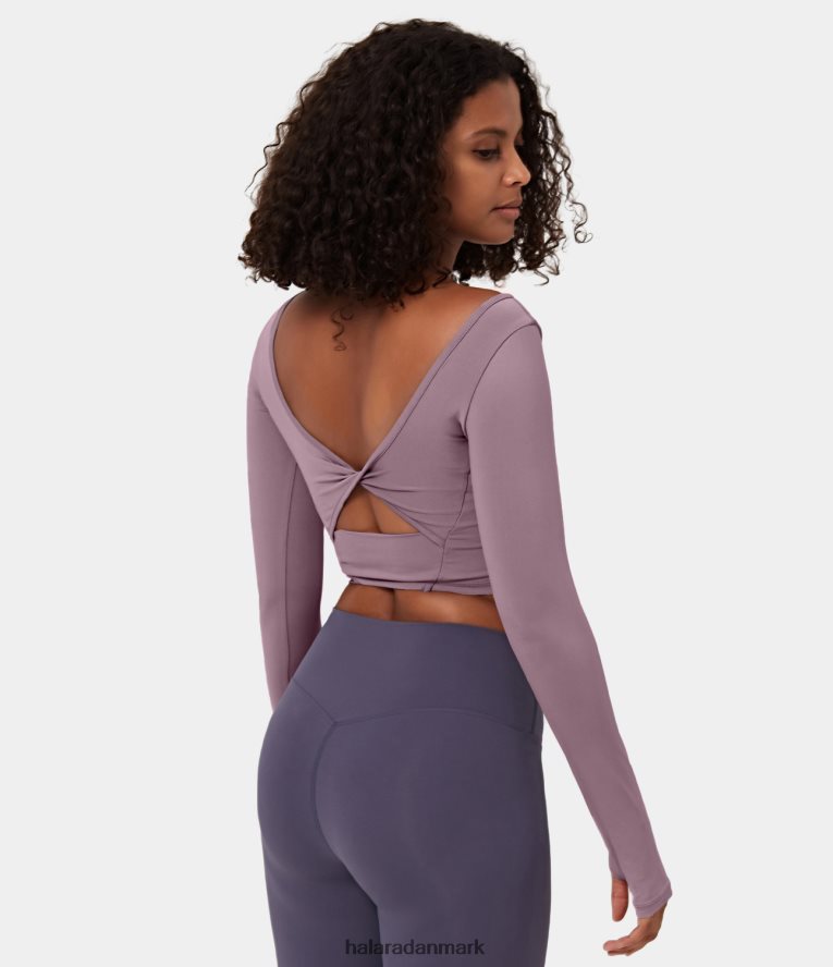 aktivt tøj dk Halara Kvinder softlyzero luftig u-hals rygløs udskåret snoet hul til tommelfinger beskåret cool touch yoga sport top hyldebær TH606J1913