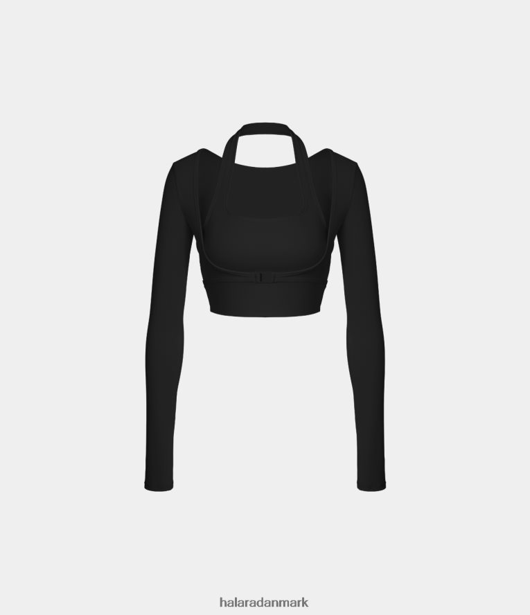 aktivt tøj dk Halara Kvinder softlyzero plys grime tommelfinger hul lange ærmer cropped 2-i-1 sport top sort TH606J1828