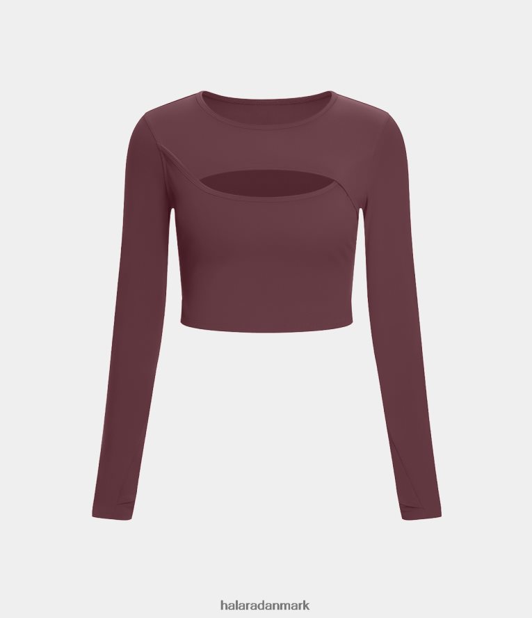 aktivt tøj dk Halara Kvinder softlyzero plys langærmet tommelfingerhul udskåret cropped dansesportstop rød mahogni TH606J1897