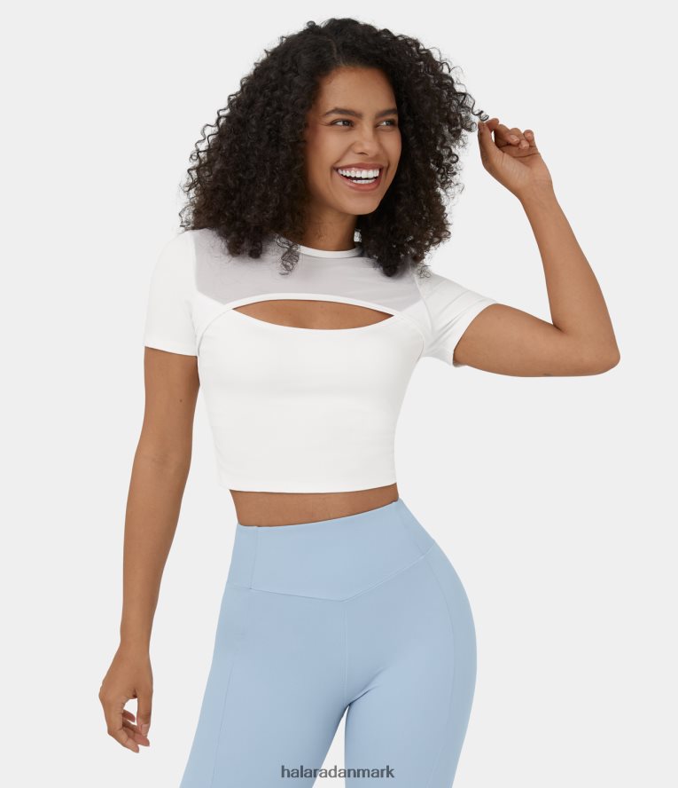 aktivt tøj dk Halara Kvinder softlyzero plys rund halsudskæring kontrast mesh cropped casual sports top hvid TH606J1858