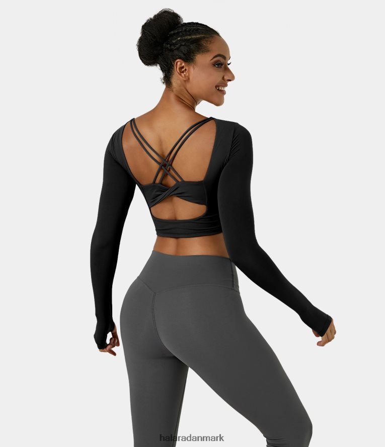 aktivt tøj dk Halara Kvinder softlyzero plys tommelfinger hul rygfri på kryds og tværs udskåret cropped sports top sort TH606J1895