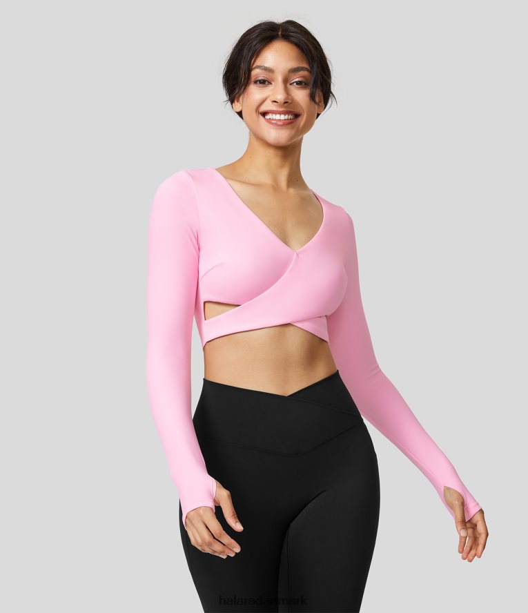 aktivt tøj dk Halara Kvinder softlyzero plys v-udskæring til tommelfinger hul crossover søm cropped yoga sport top original TH606J1911