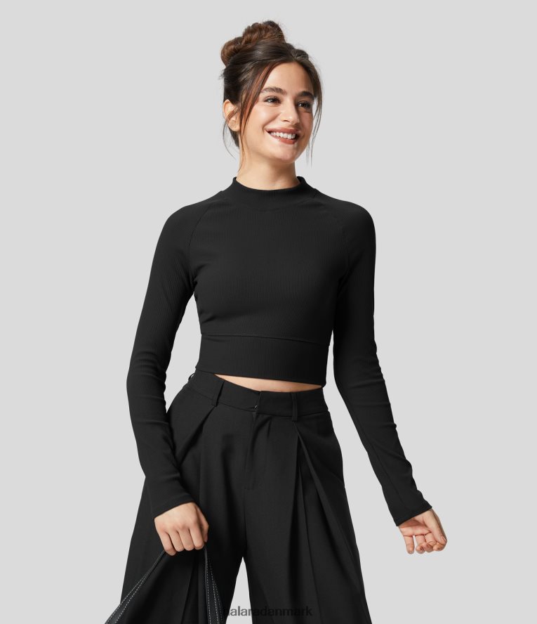aktivt tøj dk Halara Kvinder softlyzero ribbet mock-neck langærmet cropped afslappet sportstop sort TH606J1802