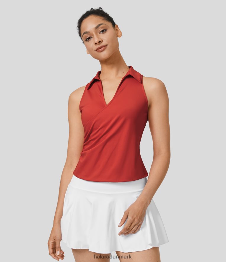 aktivt tøj dk Halara Kvinder V-hals crossover ruched quick dry golf tank top tapper valmue TH606J1720
