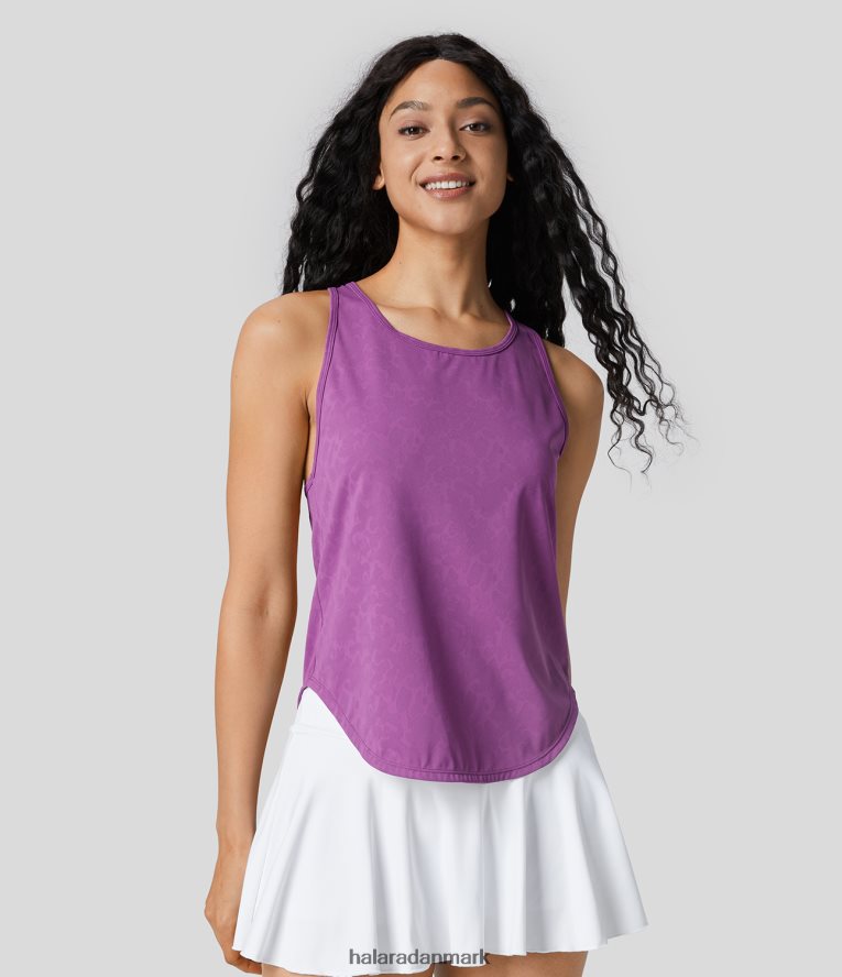 aktivt tøj dk Halara Kvinder rund hals racerback buet kant camo jacquard cool touch pickleball tanktop lilla aroma bindefarve TH606J1736