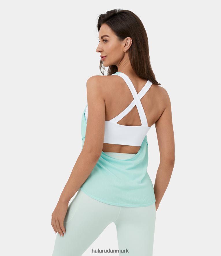 aktivt tøj dk Halara Kvinder rygløs på kryds og tværs, ærmeløs twist split 2-i-1 jacquard yoga tanktop måneskin jade TH606J1788