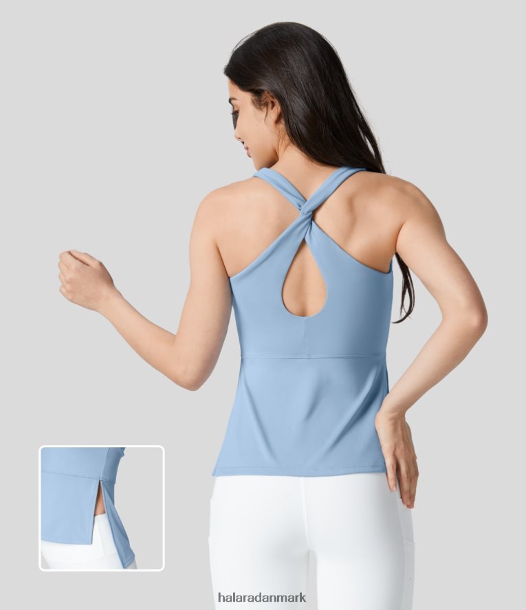 aktivt tøj dk Halara Kvinder softlyzero luftig firkantet hals uden ryg udskåret på kryds og tværs snoet ryg høj lav splitsøm cool touch yoga tank top bel luft blå TH606J1743