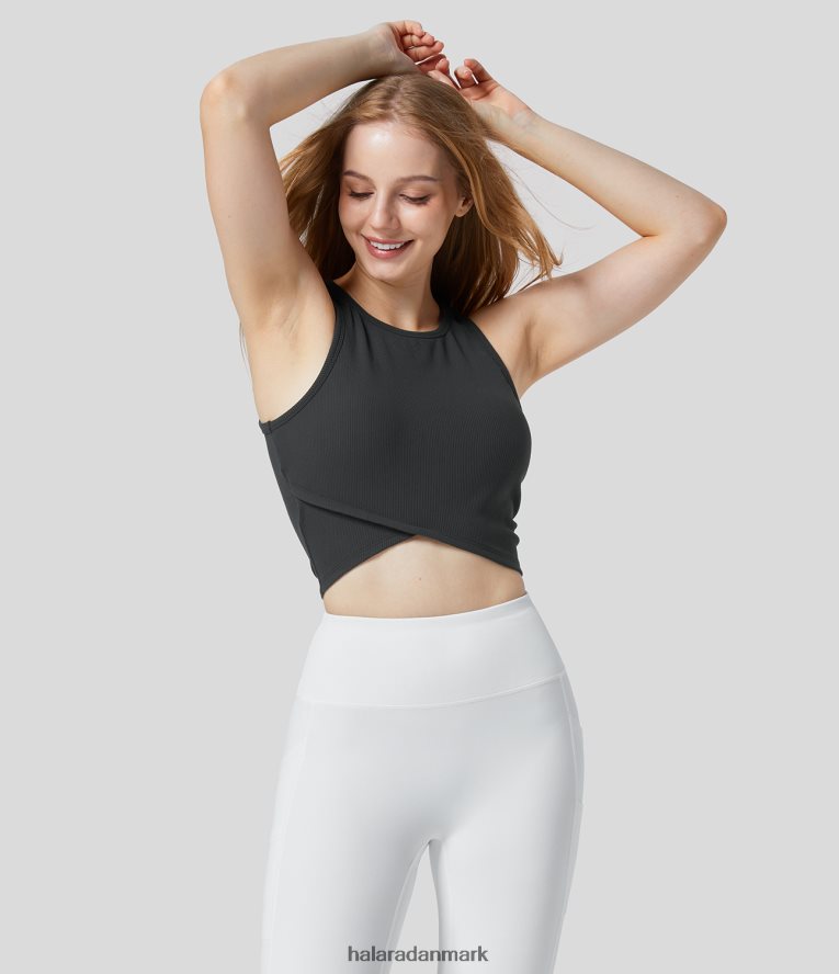 aktivt tøj dk Halara Kvinder softlyzero rib, rund hals, ærmeløs crossover-kant solid yoga tanktop sort TH606J1775
