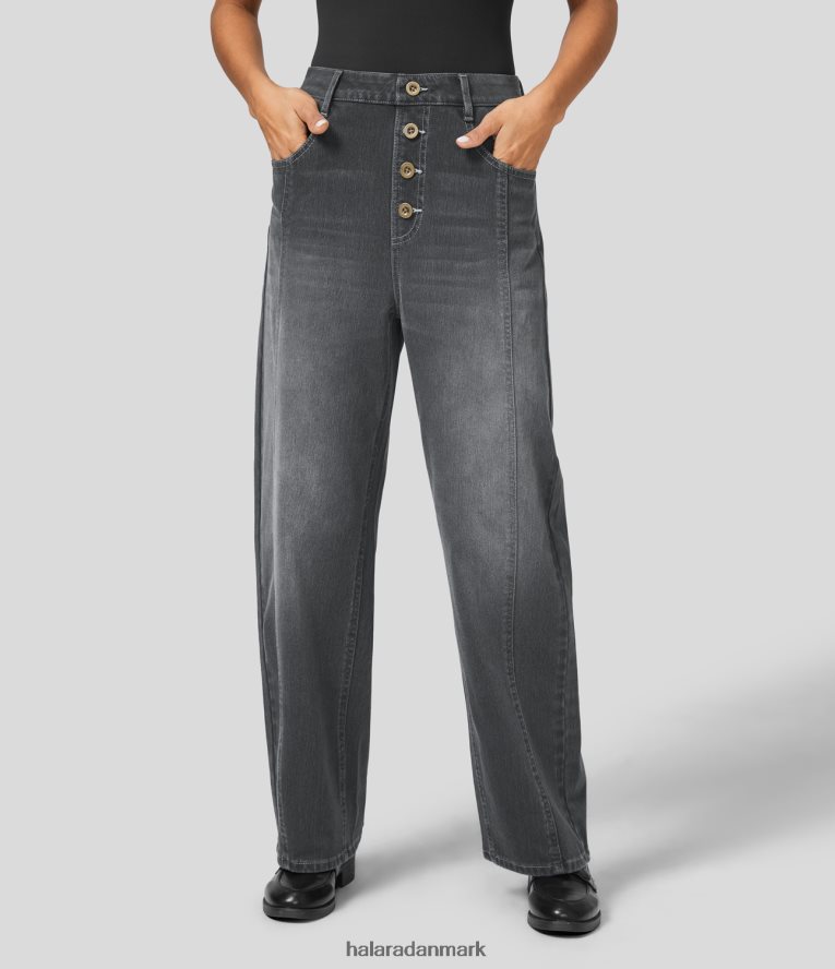 tøj dk Halara Kvinder magisk højtaljede dekorative knap flere lommer vaskede lige ben, stretchy strik afslappede boyfriend jeans lys grå denim TH606J1383
