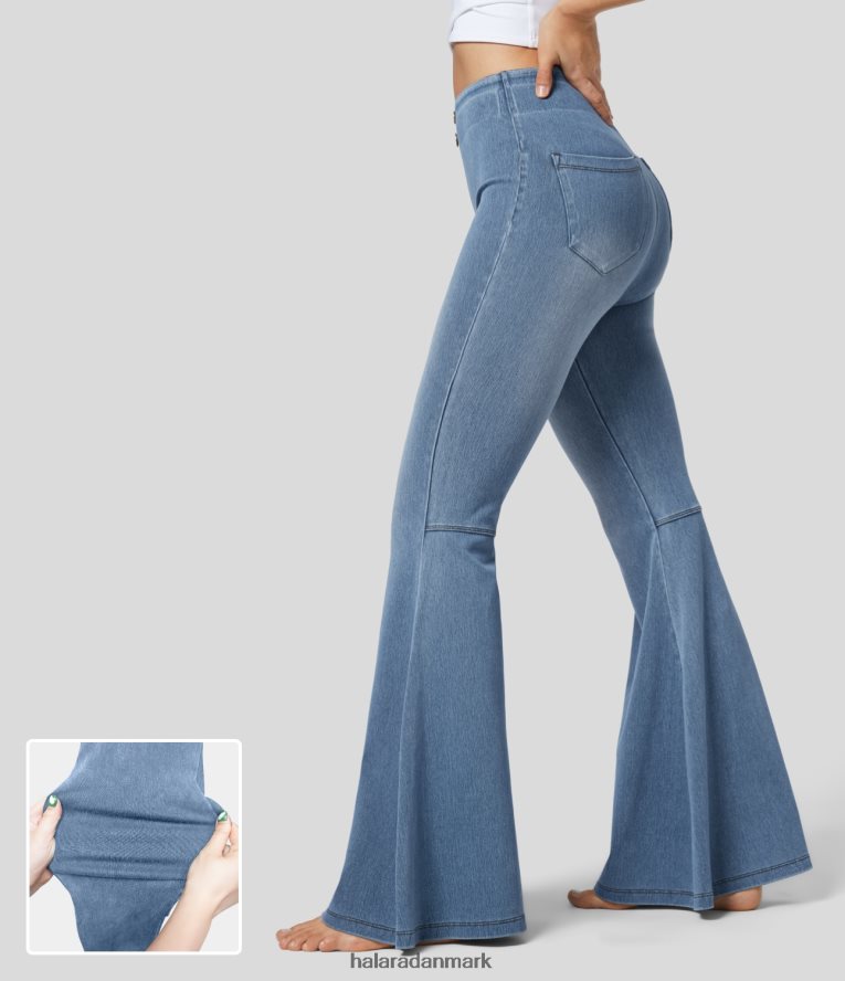 tøj dk Halara Kvinder magisk højtaljede knap baglomme stretchy strikkede afslappede flare jeans denim lyseblå TH606J332