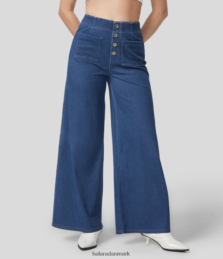 tøj dk Halara Kvinder magisk højtaljede knap med flere lommer vasket stretchy strik afslappet brede ben jeans i fuld længde abrikosblå denim TH606J1352