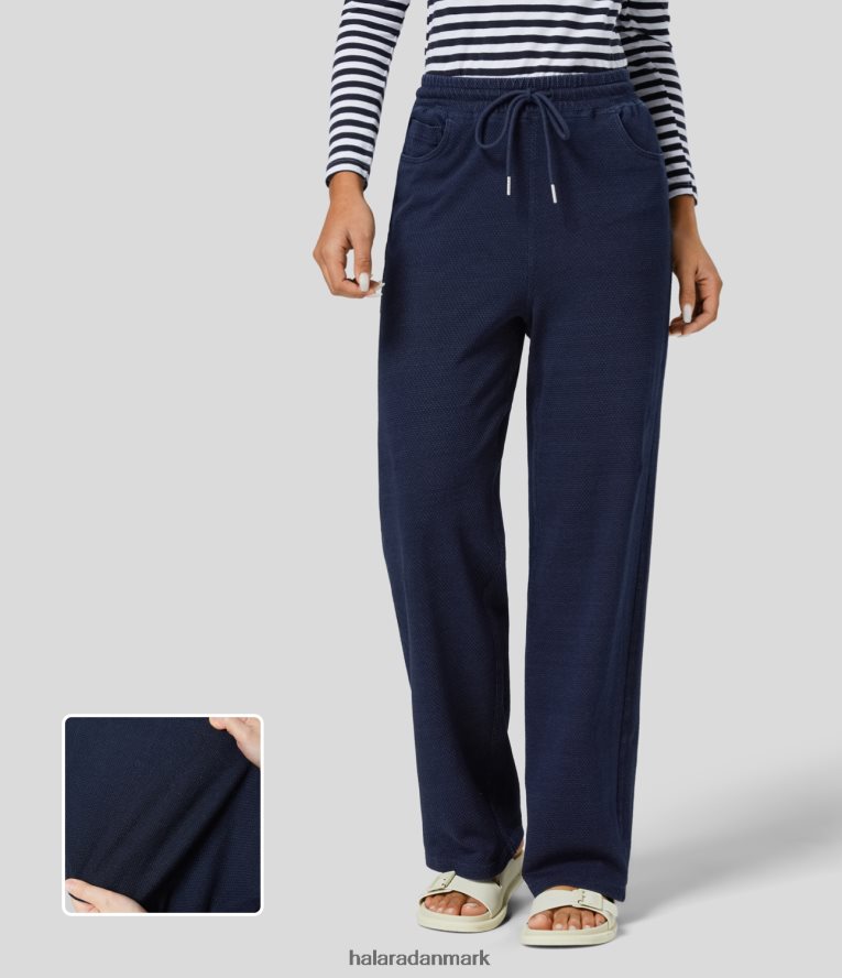 tøj dk Halara Kvinder magisk højtaljede snøre-sidelomme med lige ben og strækstrikkede casual jeans blå vaffel denim TH606J1365