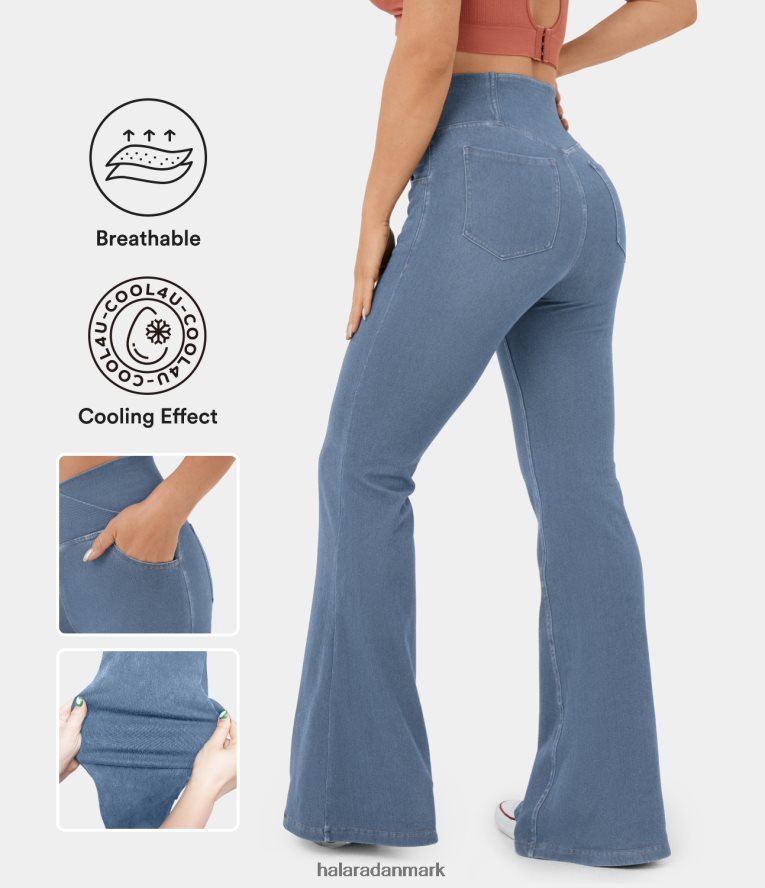 tøj dk Halara Kvinder magisk højtaljet crossover-lomme cool touch-vaskede stretchy strik afslappede super flare jeans pastelblå denim TH606J104