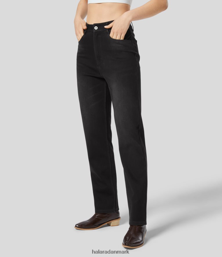 tøj dk Halara Kvinder magisk højtaljet knap lynlås flere lommer lige ben plaid fleece stretchy strik casual jeans denim sort TH606J1400