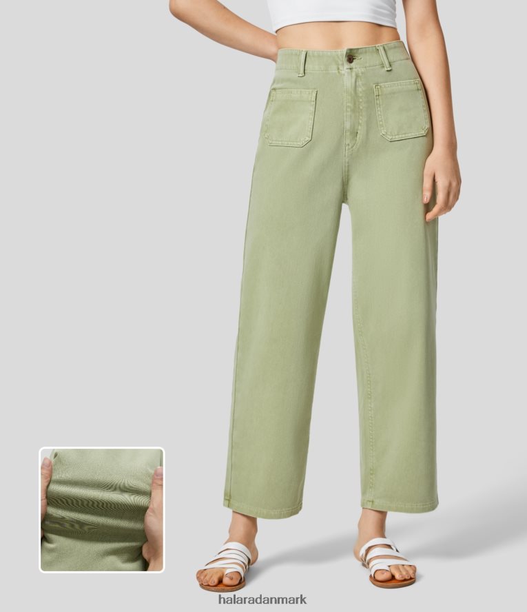 tøj dk Halara Kvinder magisk højtaljet knap lynlås foran sidelomme lige ben farverige stretchy strik afslappede boyfriend jeans safirgrøn denim TH606J1407