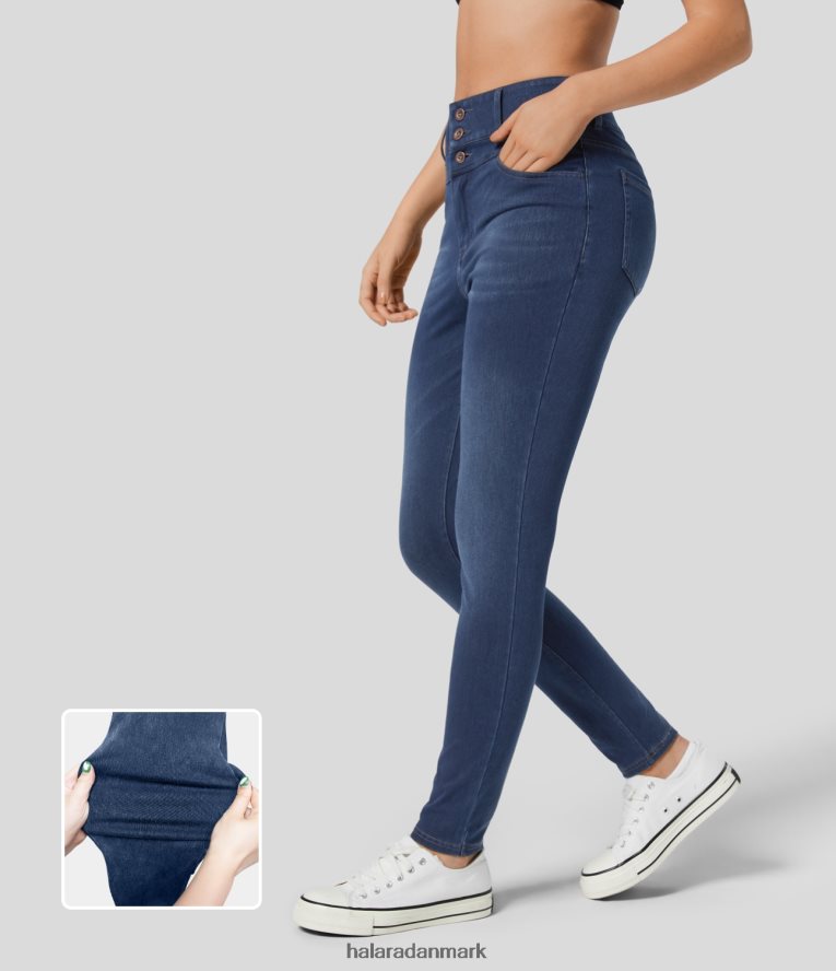 tøj dk Halara Kvinder magisk højtaljet knaplynlås flere lommer stretchy strik casual skinny jeans jetblå denim TH606J1312