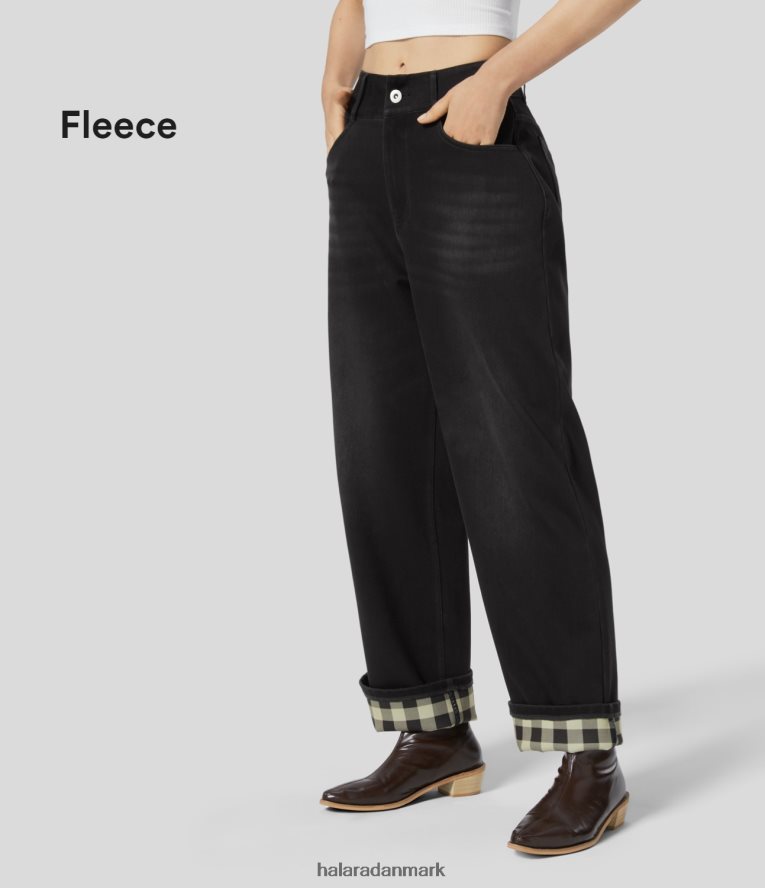 tøj dk Halara Kvinder magisk højtaljet lynlås med knap flere lommer lige ben plaid fleece stretchy strik afslappede boyfriend jeans vasket denim sort TH606J1313