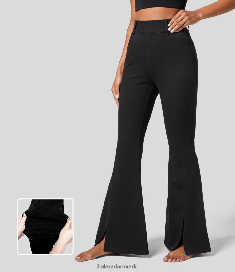 tøj dk Halara Kvinder magisk højtaljet sidelomme splitsøm strækbar afslappet flare jeans i fuld længde sort denim TH606J1402