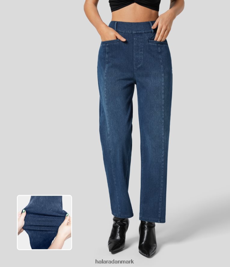 tøj dk Halara Kvinder magisk mellemhøj sidelomme stretchy strik afslappet tilspidsede mom jeans dikke blå denim TH606J1401