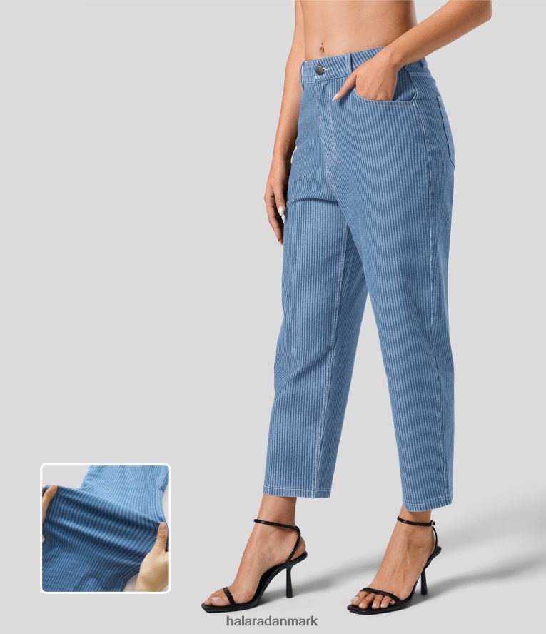 tøj dk Halara Kvinder magisk mellemhøjde flere lommer ankellængde stribede vaskede stretchy strik afslappede mom jeans lyseblå stribet denim TH606J1362