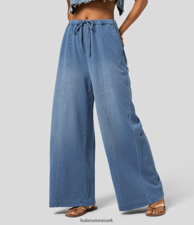 tøj dk Halara Kvinder magisk mellemhøjde snøre med flere lommer vaskede stretchy strikkede jeans med brede ben blå bush denim TH606J1326