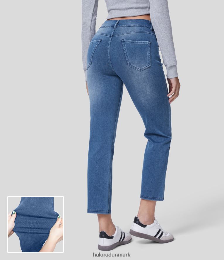 tøj dk Halara Kvinder magisk mellemhøje flere lommer, vaskede strækstrikkede arbejdsjeans med lige ben vasket denim søblå TH606J412