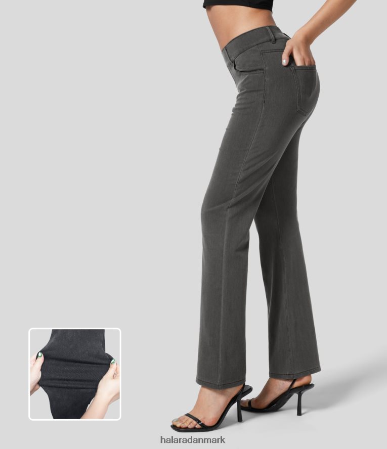 tøj dk Halara Kvinder magisk mellemhøje flere lommer vaskede stretchy strikkede bootcut-jeans lysegrå vasket denim TH606J331