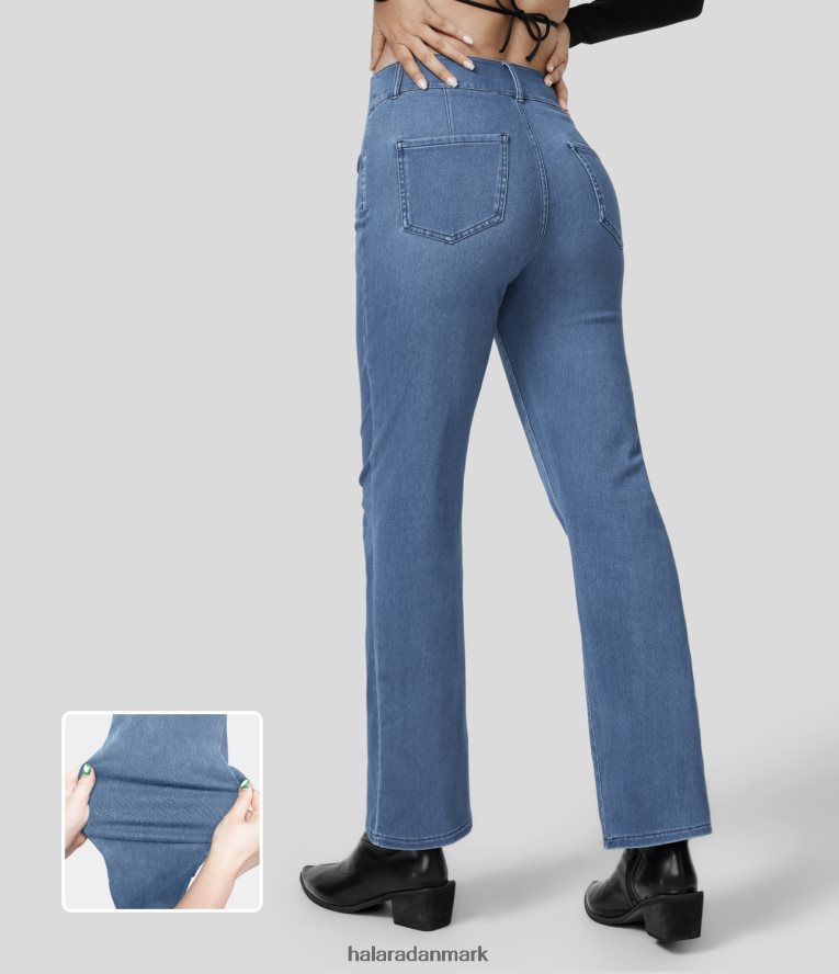 tøj dk Halara Kvinder magisk mellemhøje flere lommer vaskede stretchy strikkede bootcut-jeans vasket denim søblå TH606J428