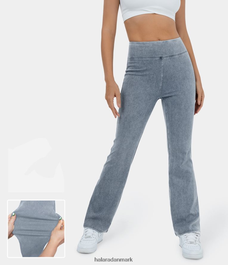 tøj dk Halara Kvinder magiske højtaljede baglomme vaskede stretchy strikkede afslappede bootcut-jeans mørk turkis denim TH606J364