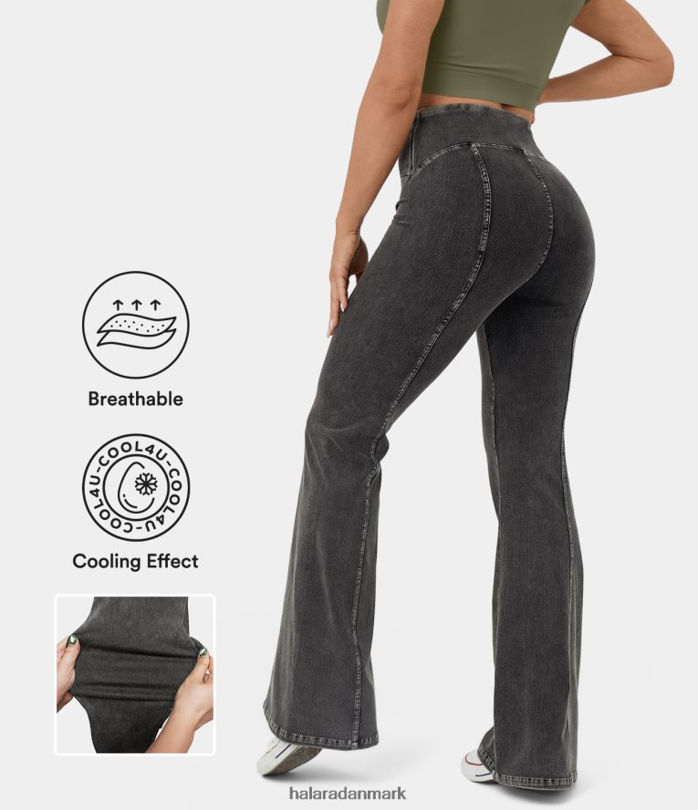 tøj dk Halara Kvinder magiske højtaljede cool touch åndbare vaskede strækstrikkede casual flare jeans kulsort denim TH606J1358