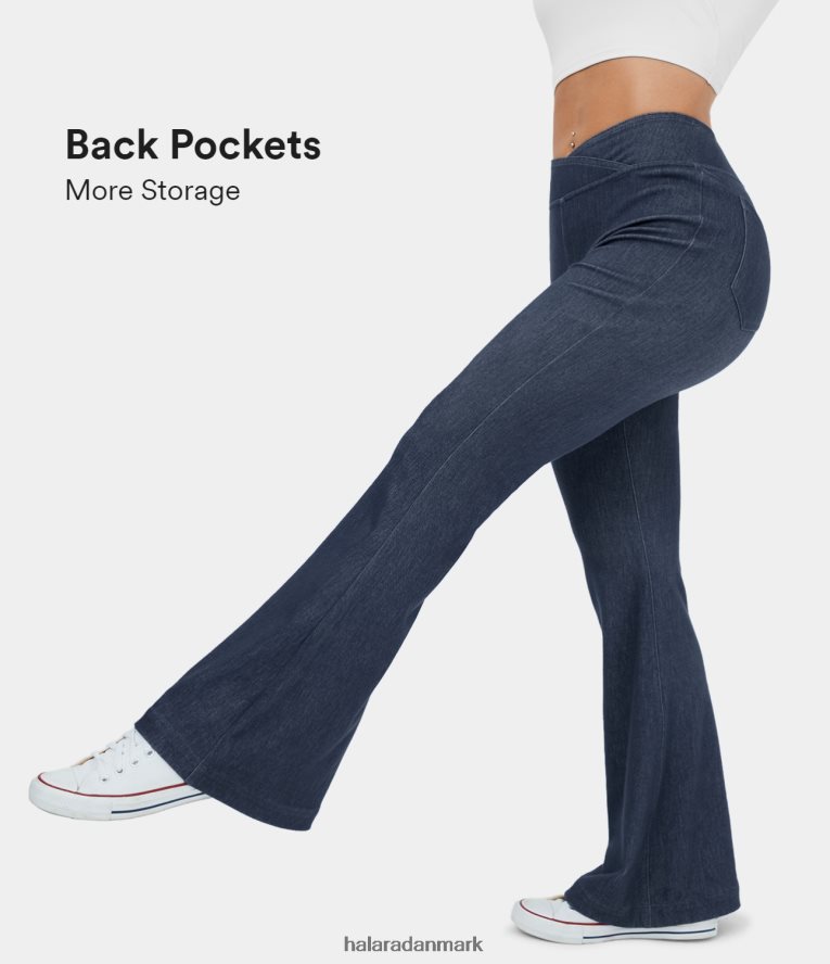 tøj dk Halara Kvinder magiske højtaljede crossover baglomme stretchy strikkede afslappede flare jeans vasket denim mørkeblå TH606J1335