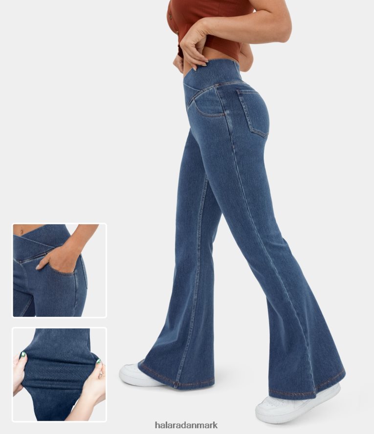 tøj dk Halara Kvinder magiske højtaljede crossover-lomme-vaskede stretchy strik afslappede super flare jeans vasket denim bleget blå TH606J102