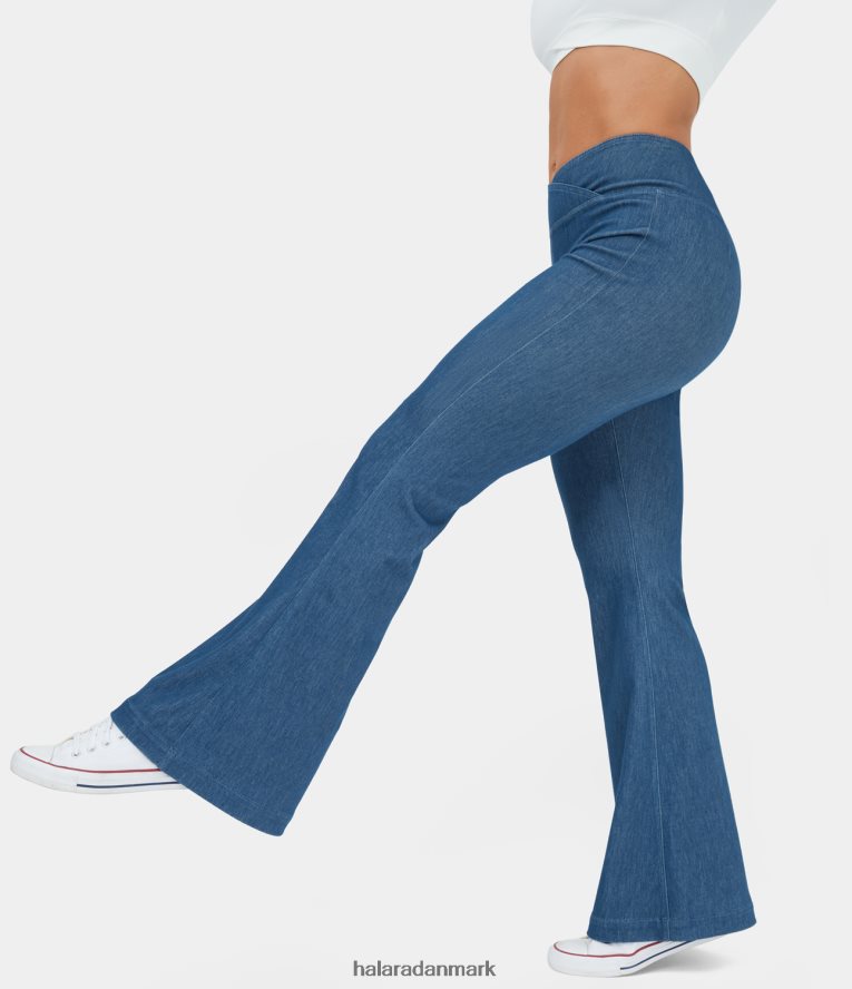 tøj dk Halara Kvinder magiske højtaljede crossover stretchy strikkede afslappede flare jeans vasket denim søblå TH606J300