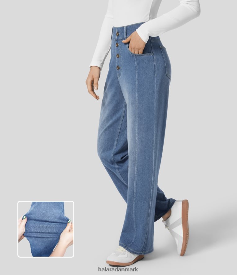 tøj dk Halara Kvinder magiske højtaljede dekorative knap flere lommer lige ben stretchy strik afslappet boyfriend jeans distressed denimblå TH606J1309