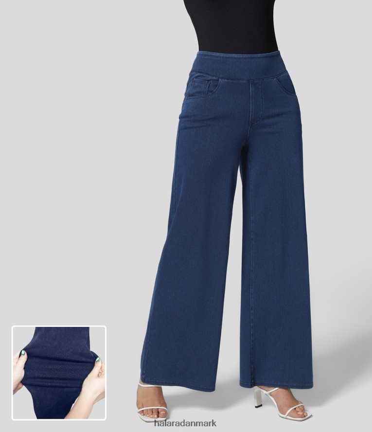 tøj dk Halara Kvinder magiske højtaljede flere lommer brede ben løse strækstrikkede arbejdsjeans vasket denim marineblå TH606J109