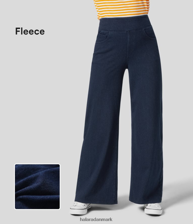 tøj dk Halara Kvinder magiske højtaljede flere lommer brede ben stretchy strikkede afslappede fleecejeans blå denim TH606J1353