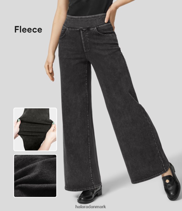 tøj dk Halara Kvinder magiske højtaljede flere lommer lige ben, stretchy strik afslappet fleece jeans vasket denim sort TH606J1398