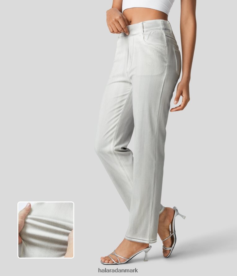 tøj dk Halara Kvinder magiske højtaljede flere lommer lige ben, stretchy strikkede jeans snavset hvid denim TH606J1354