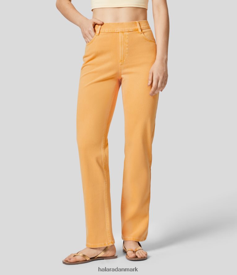 tøj dk Halara Kvinder magiske højtaljede flere lommer med lige ben, farverige strækstrikkede casual jeans duftende citrus denim TH606J1317