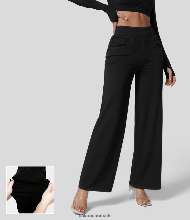 tøj dk Halara Kvinder magiske højtaljede flere lommer med lige ben og stretchy strikkeans sort denim TH606J396