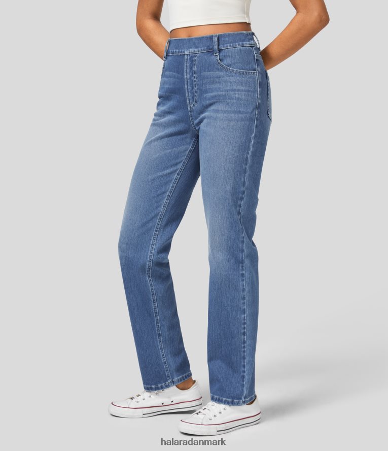 tøj dk Halara Kvinder magiske højtaljede flere lommer med lige ben vaskede strækstrikkede casual jeans blå gran denim TH606J1327
