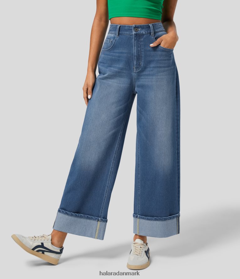 tøj dk Halara Kvinder magiske højtaljede flere lommer rullesøm brede ben vaskede stretchy strik casual jeans blå gran denim TH606J1411