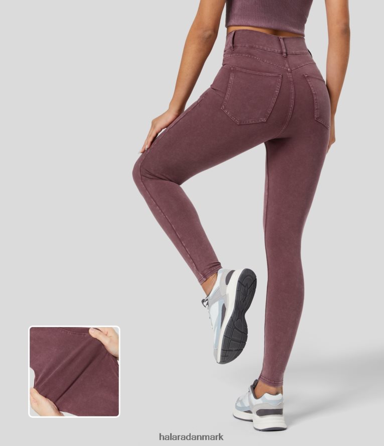 tøj dk Halara Kvinder magiske højtaljede flere lommer skinny vaskede farverige stretchy strik casual jeans mørkerød denim TH606J1347