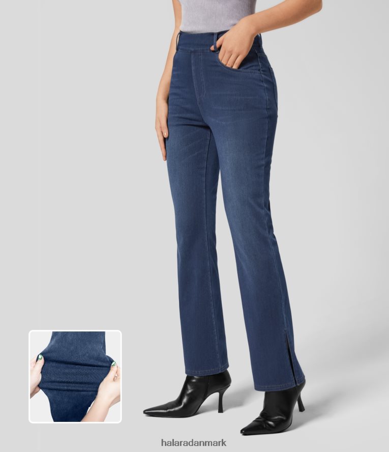 tøj dk Halara Kvinder magiske højtaljede flere lommer split stretchy strikkede afslappede bootcut jeans jetblå denim TH606J359