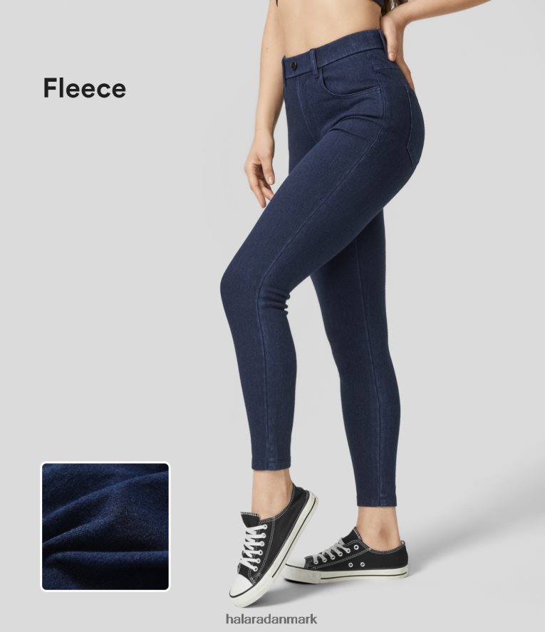 tøj dk Halara Kvinder magiske højtaljede flere lommer stretchy strik casual 7/8 skinny fleece jeans blå denim TH606J1397