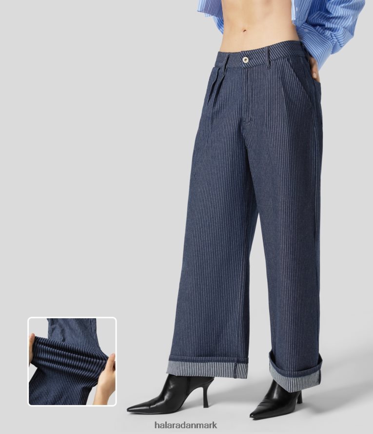 tøj dk Halara Kvinder magiske højtaljede flere lommer stribede vaskede stretchy strik afslappede jeans med brede ben indigo stribet denim TH606J1375