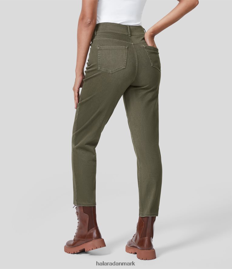 tøj dk Halara Kvinder magiske højtaljede flere lommer vaskede farverige strækstrikkede afslappede tilspidsede jeans azurit grøn TH606J1371