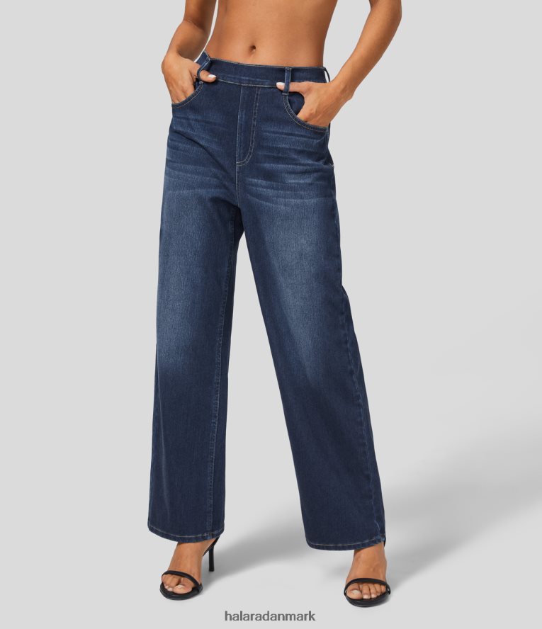 tøj dk Halara Kvinder magiske højtaljede flere lommer vaskede stretchy strik afslappede boyfriend jeans male blå denim TH606J1324