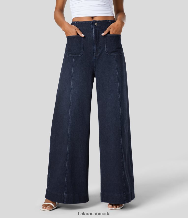 tøj dk Halara Kvinder magiske højtaljede frontlommer vaskede stretchy strikkede jeans med brede ben original TH606J1363