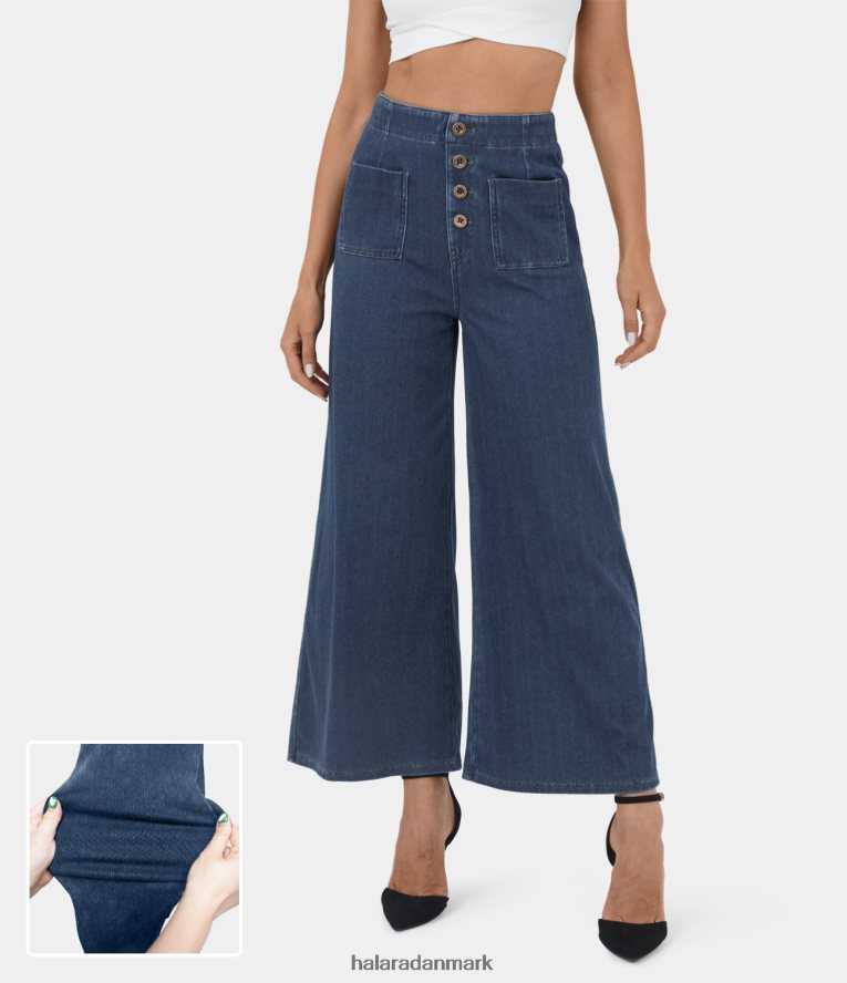 tøj dk Halara Kvinder magiske højtaljede knaplommer vaskede stretchy strikkede jeans med brede ben abrikosblå denim TH606J1318